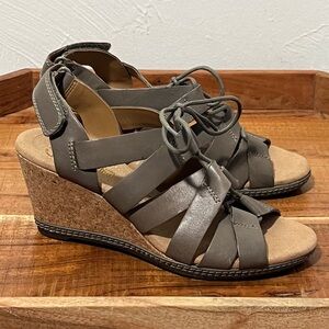 Clarks Helio Mindin Leather Lace Up Cork Wedge Sandal Shoe Size 6.5